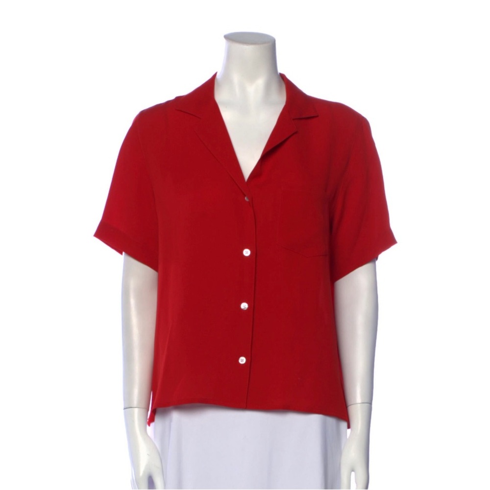 Mansur Gavriel Silk Polo Red Short Sleeve V-Neck blouse